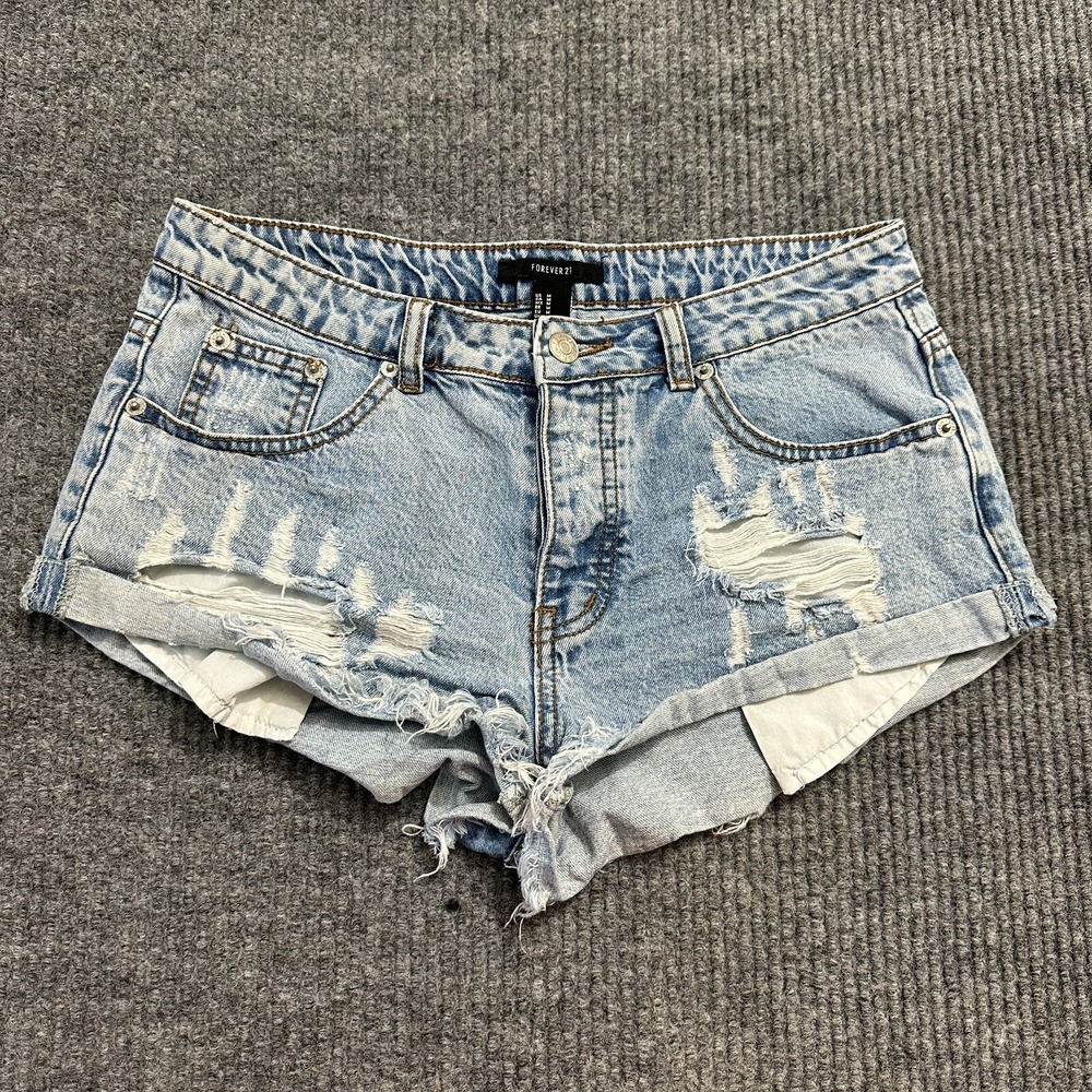 Forever 21 Womens Cut-Off Shorts M Blue Denim Distressed Button Fly Mid Rise